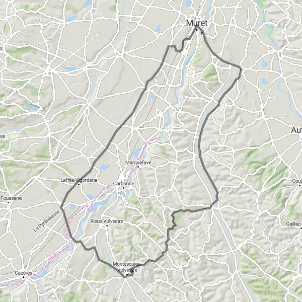 Map miniature of "Beaumont-sur-Lèze to Muret Loop" cycling inspiration in Midi-Pyrénées, France. Generated by Tarmacs.app cycling route planner