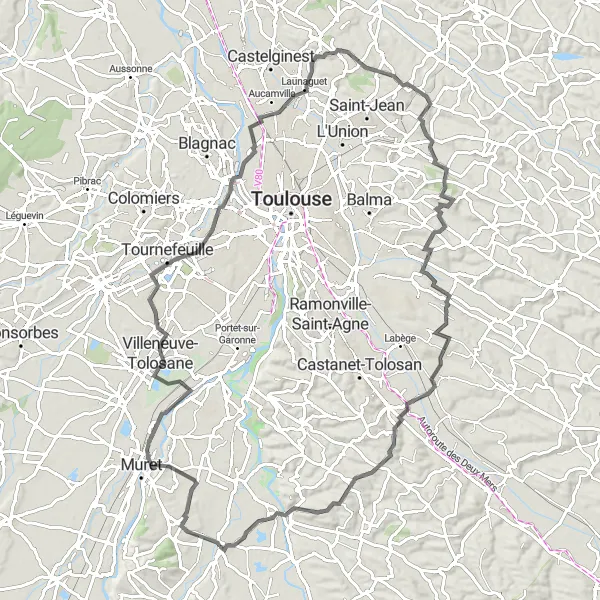 Zemljevid v pomanjšavi "Raznolika kolesarska pot od Mureta do Venerque" kolesarske inspiracije v Midi-Pyrénées, France. Generirano z načrtovalcem kolesarskih poti Tarmacs.app