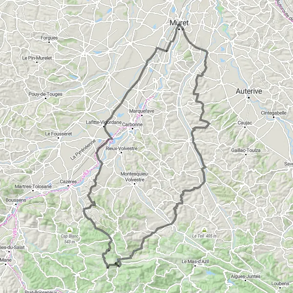 Map miniature of "Beaumont-sur-Lèze to Muret Extended Loop" cycling inspiration in Midi-Pyrénées, France. Generated by Tarmacs.app cycling route planner