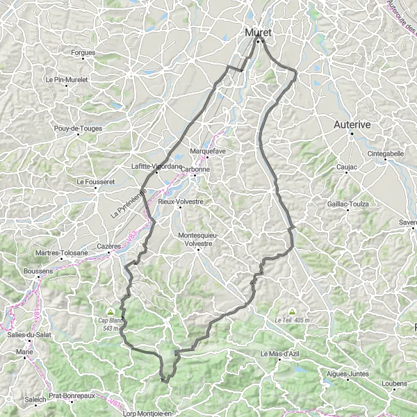 Map miniature of "Lagardelle-sur-Lèze to Eaunes Loop" cycling inspiration in Midi-Pyrénées, France. Generated by Tarmacs.app cycling route planner