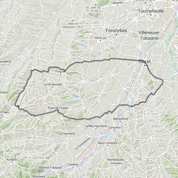Kartminiatyr av "Cykla genom Beaumont-sur-Lèze till Eaunes" cykelinspiration i Midi-Pyrénées, France. Genererad av Tarmacs.app cykelruttplanerare