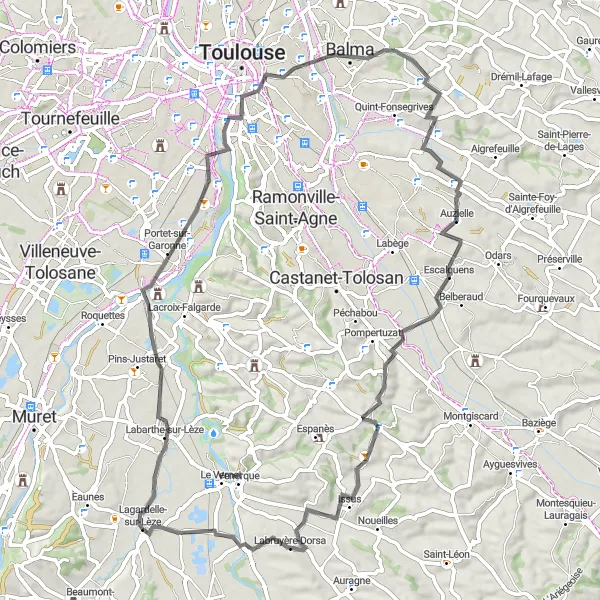Miniaturekort af cykelinspirationen "Short and Sweet Road Cycling Route near Lagardelle-sur-Lèze" i Midi-Pyrénées, France. Genereret af Tarmacs.app cykelruteplanlægger