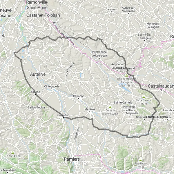 Map miniature of "Venerque Circuit" cycling inspiration in Midi-Pyrénées, France. Generated by Tarmacs.app cycling route planner