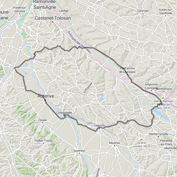 Zemljevid v pomanjšavi "Potovanje skozi zgodovino in naravo" kolesarske inspiracije v Midi-Pyrénées, France. Generirano z načrtovalcem kolesarskih poti Tarmacs.app