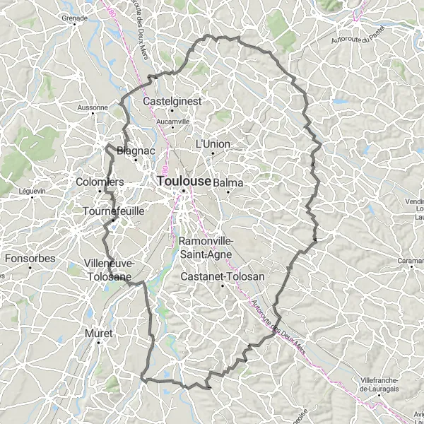 Miniature de la carte de l'inspiration cycliste "Parcours de la Garonne" dans la Midi-Pyrénées, France. Générée par le planificateur d'itinéraire cycliste Tarmacs.app