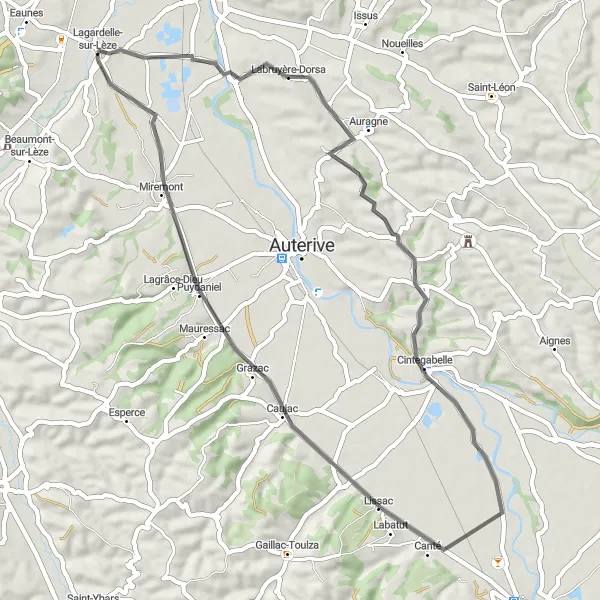 Map miniature of "The Labruyère-Dorsa Loop" cycling inspiration in Midi-Pyrénées, France. Generated by Tarmacs.app cycling route planner