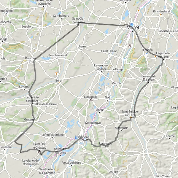 Map miniature of "The Beaumont-sur-Lèze Loop" cycling inspiration in Midi-Pyrénées, France. Generated by Tarmacs.app cycling route planner