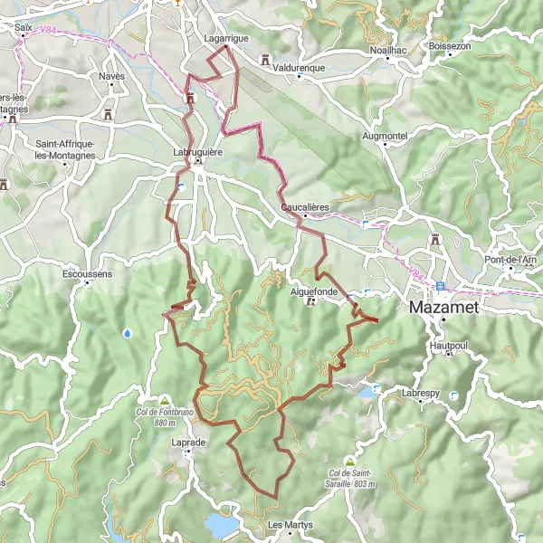 Miniatua del mapa de inspiración ciclista "Ruta de grava a Puech d'Enblanc" en Midi-Pyrénées, France. Generado por Tarmacs.app planificador de rutas ciclistas