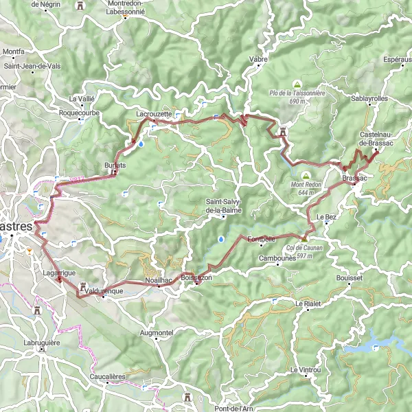 Zemljevid v pomanjšavi "Pustolovska gravel avantura blizu Lagarrigue" kolesarske inspiracije v Midi-Pyrénées, France. Generirano z načrtovalcem kolesarskih poti Tarmacs.app