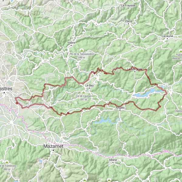 Miniaturní mapa "Náročný gravelový okruh s výhledem na Pech de Pourade" inspirace pro cyklisty v oblasti Midi-Pyrénées, France. Vytvořeno pomocí plánovače tras Tarmacs.app