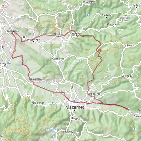Miniature de la carte de l'inspiration cycliste "Sentiers de l'Occitanie" dans la Midi-Pyrénées, France. Générée par le planificateur d'itinéraire cycliste Tarmacs.app