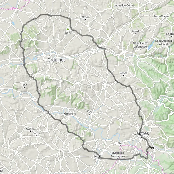 Zemljevid v pomanjšavi "Pitoreskna kolesarska pot okoli Lagarrigueja" kolesarske inspiracije v Midi-Pyrénées, France. Generirano z načrtovalcem kolesarskih poti Tarmacs.app