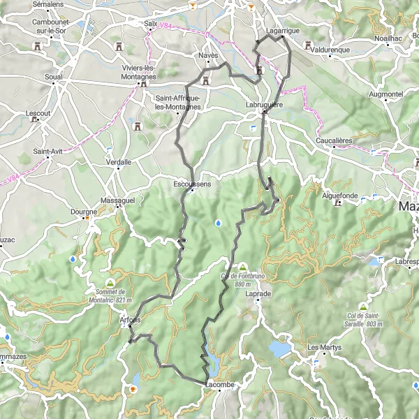 Mapa miniatúra "Cesta k Château de Labruguière" cyklistická inšpirácia v Midi-Pyrénées, France. Vygenerované cyklistickým plánovačom trás Tarmacs.app