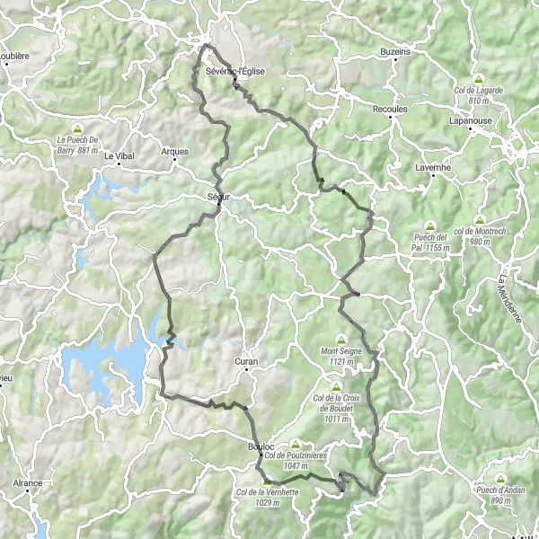 Karten-Miniaturansicht der Radinspiration "Herausforderung in der Natur rund um Laissac" in Midi-Pyrénées, France. Erstellt vom Tarmacs.app-Routenplaner für Radtouren