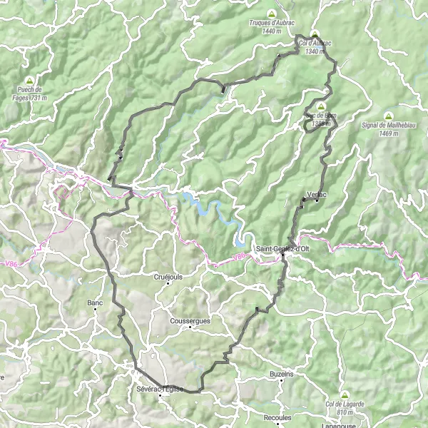Zemljevid v pomanjšavi "Razgibana pot prek Aubrac" kolesarske inspiracije v Midi-Pyrénées, France. Generirano z načrtovalcem kolesarskih poti Tarmacs.app