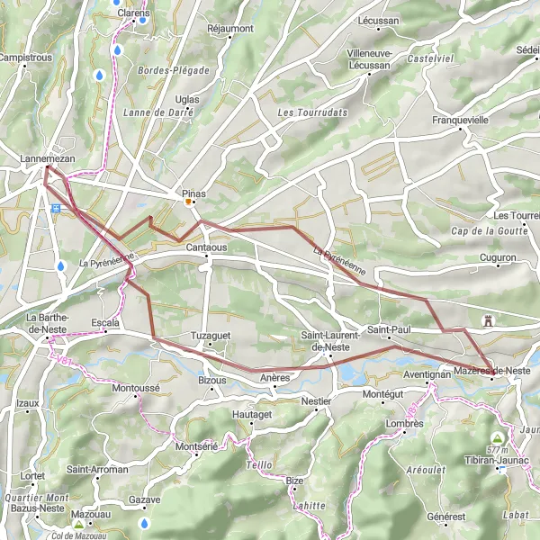 Kartminiatyr av "Gruset eventyr gjennom landskapet" sykkelinspirasjon i Midi-Pyrénées, France. Generert av Tarmacs.app sykkelrutoplanlegger