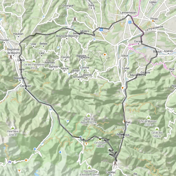 Karttaminiaatyyri "Haastava reitti Lannemezanista ympäri Midi-Pyrénéesiä" pyöräilyinspiraatiosta alueella Midi-Pyrénées, France. Luotu Tarmacs.app pyöräilyreittisuunnittelijalla