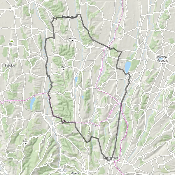 Mapa miniatúra "Cesta smerom na Houeydets" cyklistická inšpirácia v Midi-Pyrénées, France. Vygenerované cyklistickým plánovačom trás Tarmacs.app