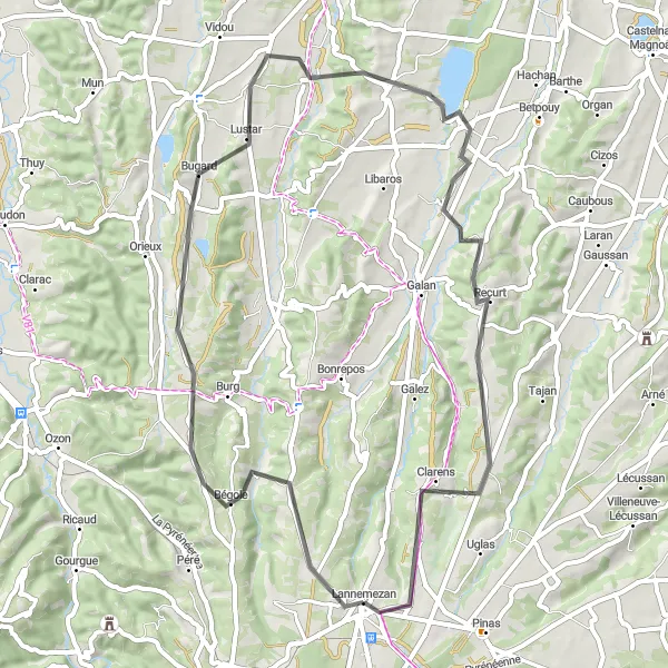 Karten-Miniaturansicht der Radinspiration "Herausfordernde Hügelroute von Lannemezan" in Midi-Pyrénées, France. Erstellt vom Tarmacs.app-Routenplaner für Radtouren