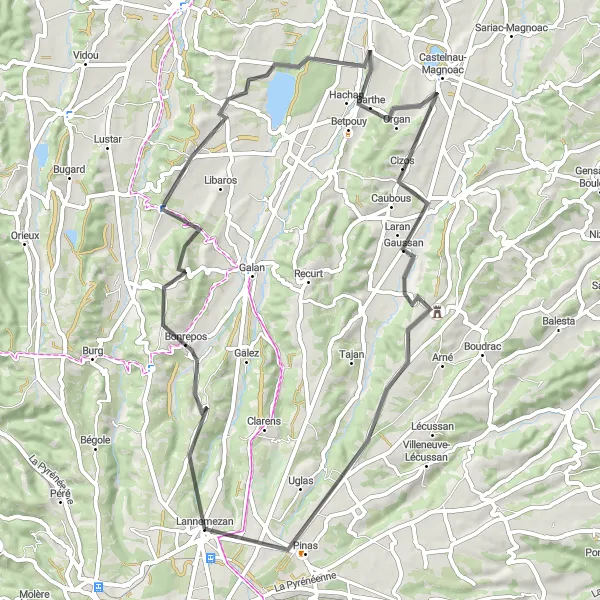 Mapa miniatúra "Cyklistická trasa okolo Lannemezan" cyklistická inšpirácia v Midi-Pyrénées, France. Vygenerované cyklistickým plánovačom trás Tarmacs.app