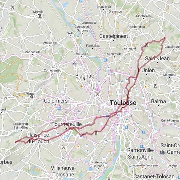 Kartminiatyr av "Grusvei Eventyr fra Toulouse til Saint-Geniès-Bellevue" sykkelinspirasjon i Midi-Pyrénées, France. Generert av Tarmacs.app sykkelrutoplanlegger