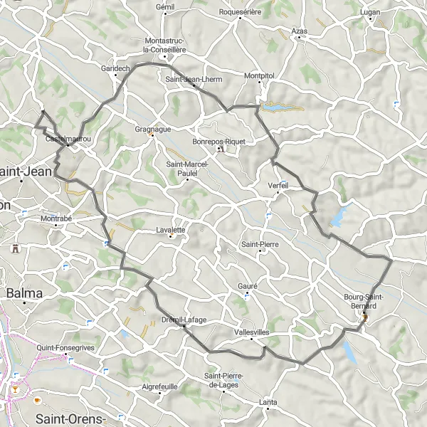 Karten-Miniaturansicht der Radinspiration "Historisches Erbe erkunden" in Midi-Pyrénées, France. Erstellt vom Tarmacs.app-Routenplaner für Radtouren