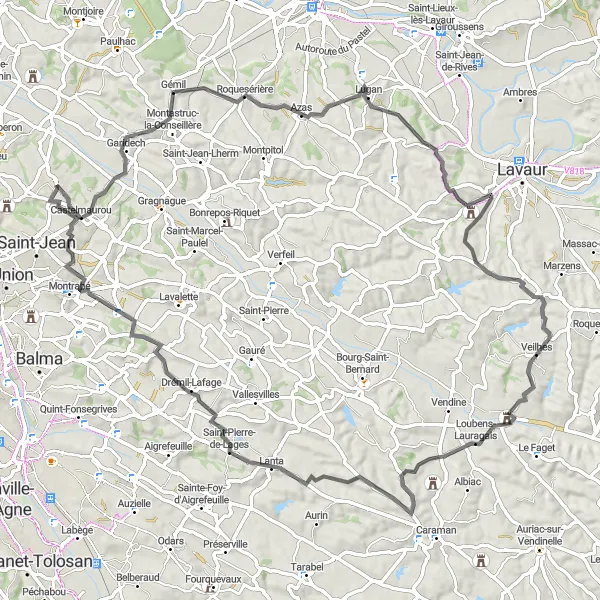 Miniatura mapy "Trasa przez Castelmaurou i Saint-Pierre-de-Lages" - trasy rowerowej w Midi-Pyrénées, France. Wygenerowane przez planer tras rowerowych Tarmacs.app