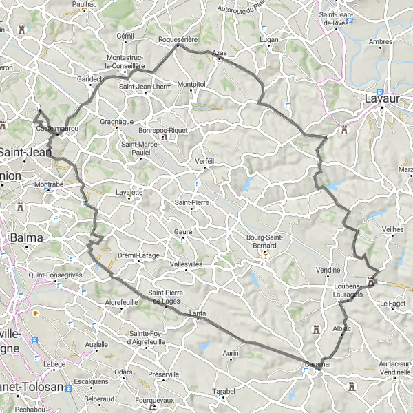 Miniatura mapy "Trasa przez Castelmaurou i Lanta" - trasy rowerowej w Midi-Pyrénées, France. Wygenerowane przez planer tras rowerowych Tarmacs.app