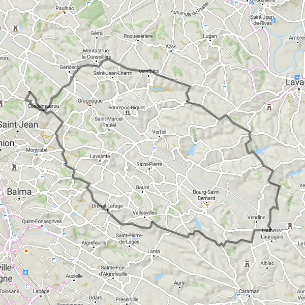 Kartminiatyr av "Scenic Cycle Tour from Lapeyrouse-Fossat to Beaupuy" sykkelinspirasjon i Midi-Pyrénées, France. Generert av Tarmacs.app sykkelrutoplanlegger