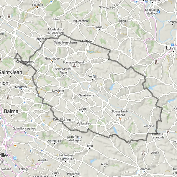 Karttaminiaatyyri "Kulttuurireitti Montastruc-la-Conseillèreen" pyöräilyinspiraatiosta alueella Midi-Pyrénées, France. Luotu Tarmacs.app pyöräilyreittisuunnittelijalla