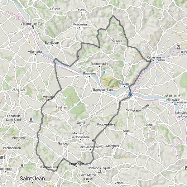 Karten-Miniaturansicht der Radinspiration "Road-Tour durch die malerische Landschaft von Tarn" in Midi-Pyrénées, France. Erstellt vom Tarmacs.app-Routenplaner für Radtouren