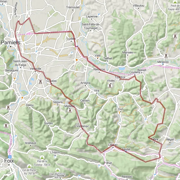 Map miniature of "The Gravel Adventure" cycling inspiration in Midi-Pyrénées, France. Generated by Tarmacs.app cycling route planner