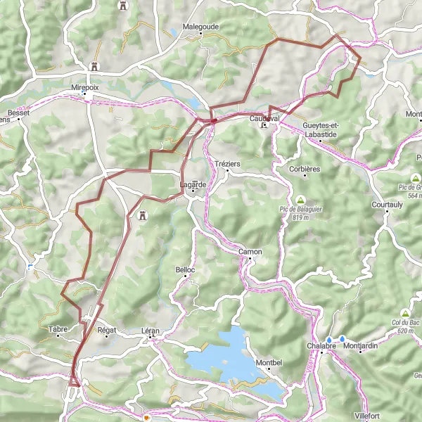 Karten-Miniaturansicht der Radinspiration "Gravelroute über Pech Joupy und Aigues-Vives" in Midi-Pyrénées, France. Erstellt vom Tarmacs.app-Routenplaner für Radtouren