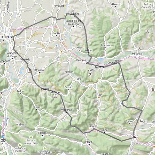 Map miniature of "Carla-de-Roquefort Loop" cycling inspiration in Midi-Pyrénées, France. Generated by Tarmacs.app cycling route planner