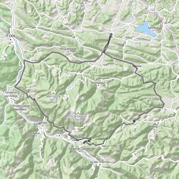 Map miniature of "Lavelanet Mountain Challenge" cycling inspiration in Midi-Pyrénées, France. Generated by Tarmacs.app cycling route planner