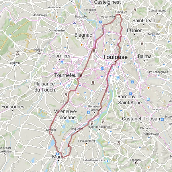 Kartminiatyr av "Grusvei eventyr fra Toulouse" sykkelinspirasjon i Midi-Pyrénées, France. Generert av Tarmacs.app sykkelrutoplanlegger