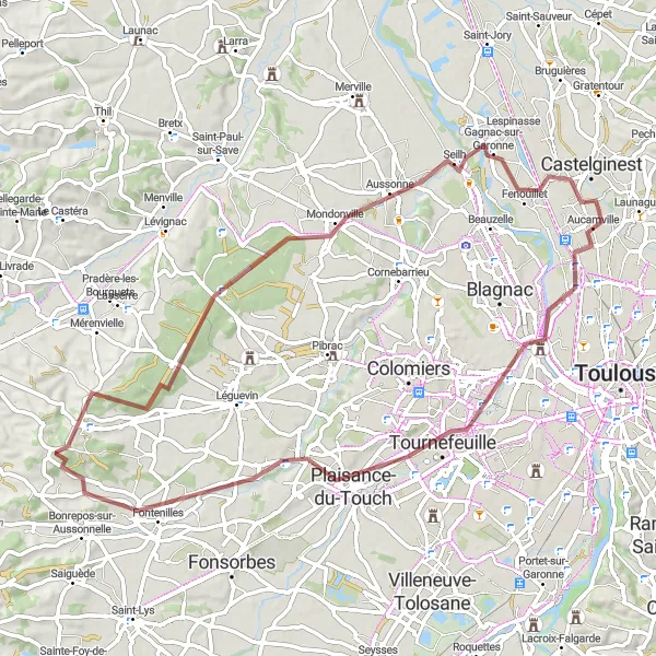 Zemljevid v pomanjšavi "Gravelska avantura okoli Launagueta" kolesarske inspiracije v Midi-Pyrénées, France. Generirano z načrtovalcem kolesarskih poti Tarmacs.app