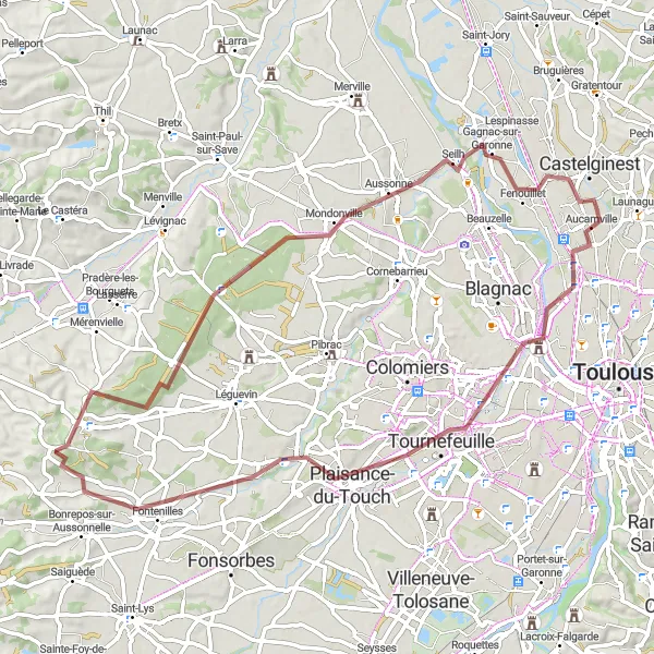 Karttaminiaatyyri "Hiekkatiepyöräily Launaguetin lähellä, Midi-Pyrénées, Ranska" pyöräilyinspiraatiosta alueella Midi-Pyrénées, France. Luotu Tarmacs.app pyöräilyreittisuunnittelijalla