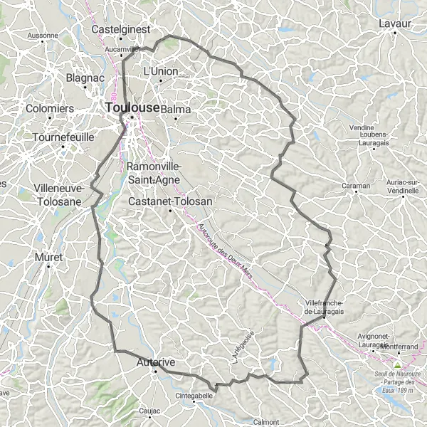 Miniatua del mapa de inspiración ciclista "Launaguet - Toulouse Circular Road Route" en Midi-Pyrénées, France. Generado por Tarmacs.app planificador de rutas ciclistas