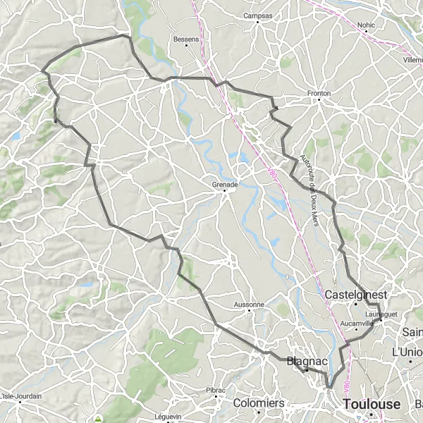 Kartminiatyr av "Table d'orientation til Bruguières Rundtur" sykkelinspirasjon i Midi-Pyrénées, France. Generert av Tarmacs.app sykkelrutoplanlegger