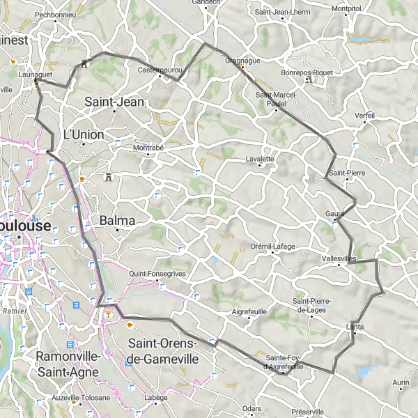 Miniaturní mapa "Okružní cyklistická trasa z Launaguet (Midi-Pyrénées, Francie)" inspirace pro cyklisty v oblasti Midi-Pyrénées, France. Vytvořeno pomocí plánovače tras Tarmacs.app