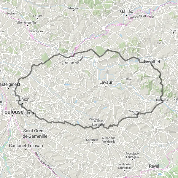 Mapa miniatúra "Výzva cez Loubens-Lauragais" cyklistická inšpirácia v Midi-Pyrénées, France. Vygenerované cyklistickým plánovačom trás Tarmacs.app