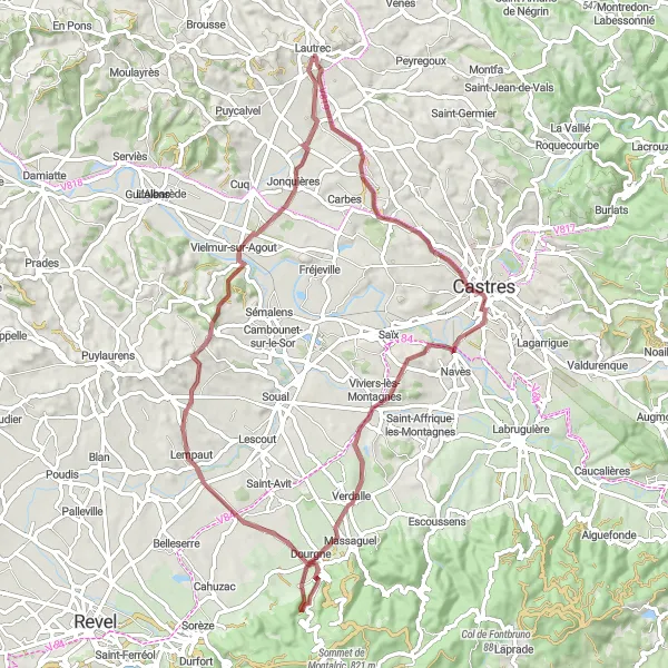 Map miniature of "Castres and Dourgne Gravel Route" cycling inspiration in Midi-Pyrénées, France. Generated by Tarmacs.app cycling route planner
