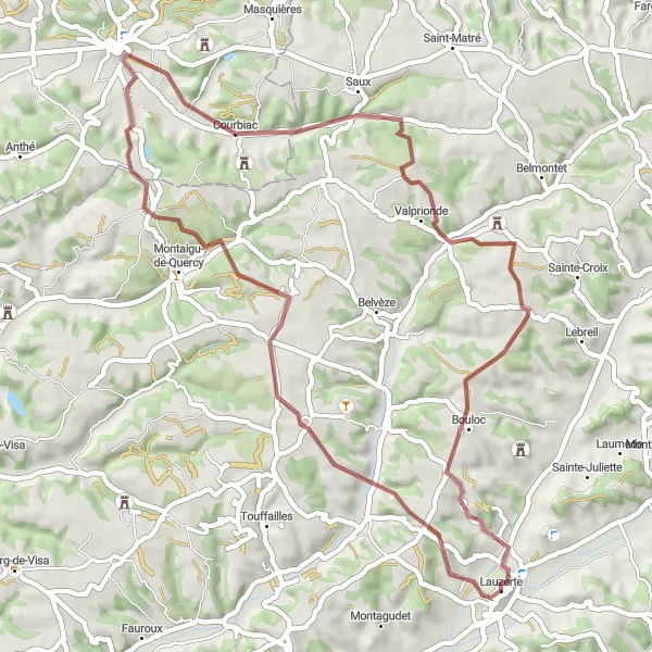 Miniatuurkaart van de fietsinspiratie "Courbiac naar Lauzerte Gravelroute" in Midi-Pyrénées, France. Gemaakt door de Tarmacs.app fietsrouteplanner