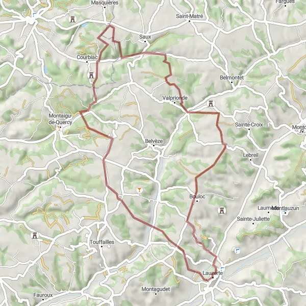 Miniatuurkaart van de fietsinspiratie "Gravelavontuur rond Lauzerte" in Midi-Pyrénées, France. Gemaakt door de Tarmacs.app fietsrouteplanner