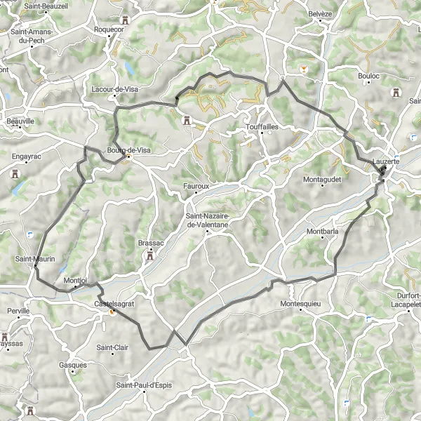 Map miniature of "Lauzerte to Saint-Maurin Loop" cycling inspiration in Midi-Pyrénées, France. Generated by Tarmacs.app cycling route planner