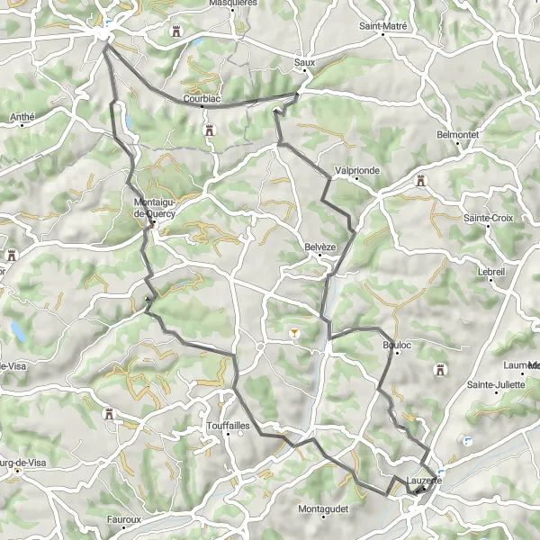 Zemljevid v pomanjšavi "Pot Lauzerte - Montaigu-de-Quercy - Courbiac - Belvèze" kolesarske inspiracije v Midi-Pyrénées, France. Generirano z načrtovalcem kolesarskih poti Tarmacs.app