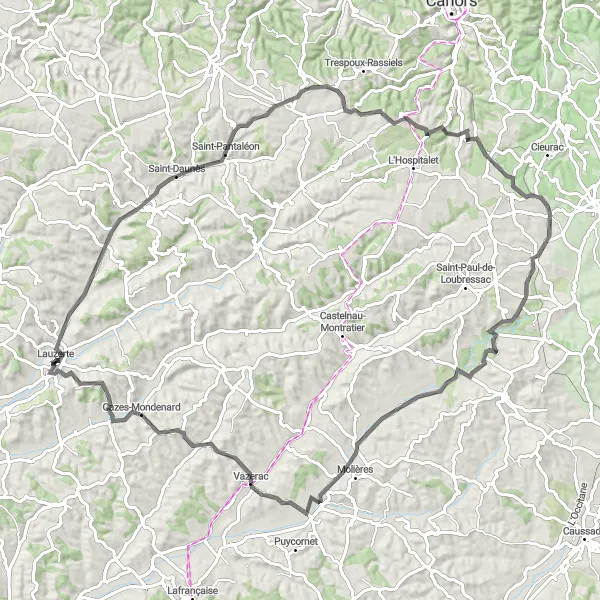 Miniaturekort af cykelinspirationen "En 98 km lang landsvejscykelrute gennem Saint-Daunès til Lauzerte" i Midi-Pyrénées, France. Genereret af Tarmacs.app cykelruteplanlægger