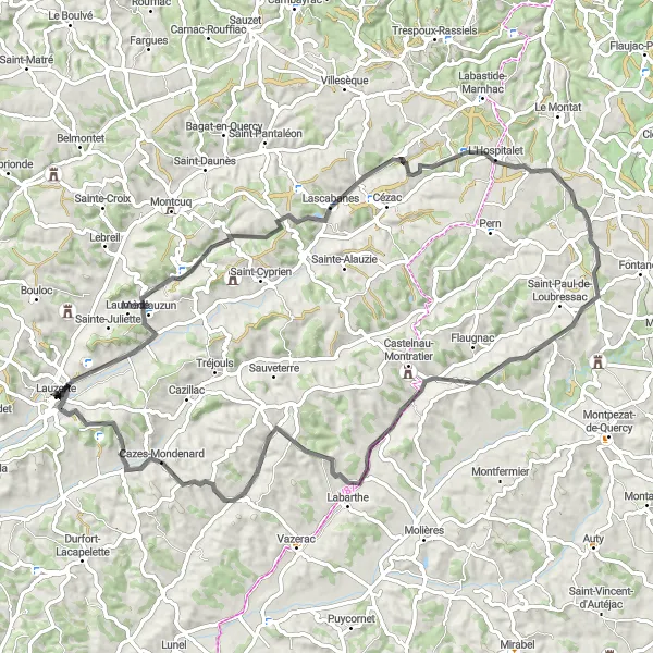 Map miniature of "Lauzerte to Montlauzun Loop" cycling inspiration in Midi-Pyrénées, France. Generated by Tarmacs.app cycling route planner