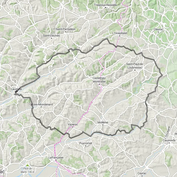 Zemljevid v pomanjšavi "Krožna kolesarska pot do Lauzerte" kolesarske inspiracije v Midi-Pyrénées, France. Generirano z načrtovalcem kolesarskih poti Tarmacs.app